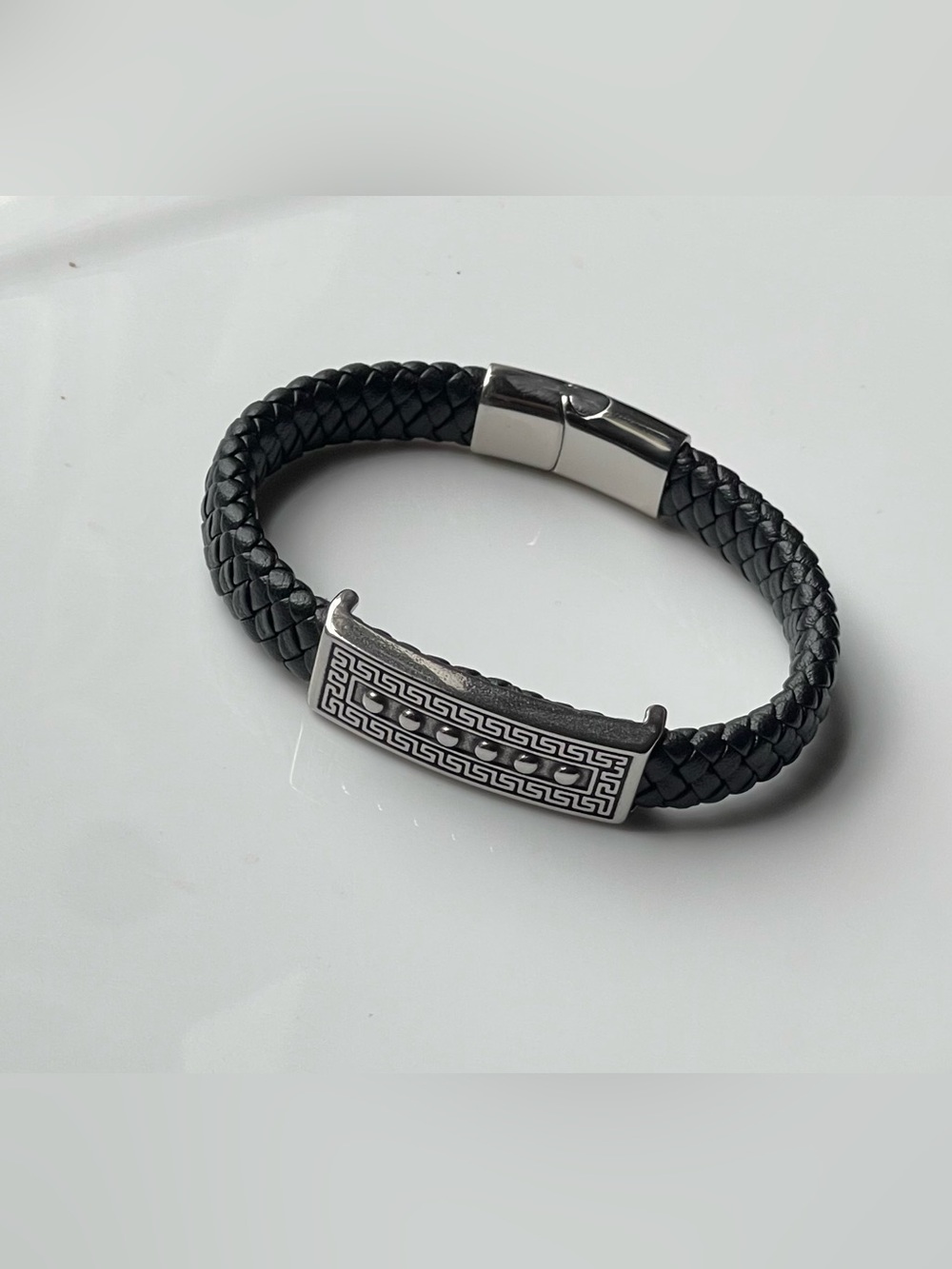 Men's Black Braided Leather Bracelet with Stainless Accent